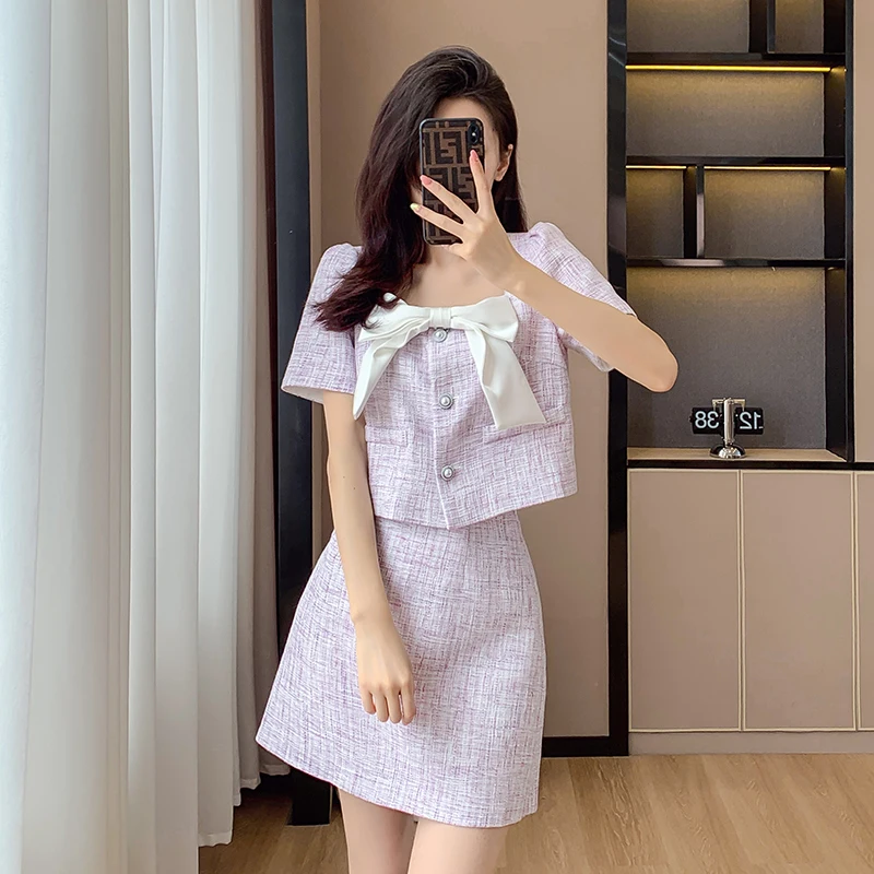 French Small Fragrance Korean Sweet Two Piece Set Women Shirt Crop Top + Skirt Suits Ladies Summer Elegant 2-częściowe zestawy strojów