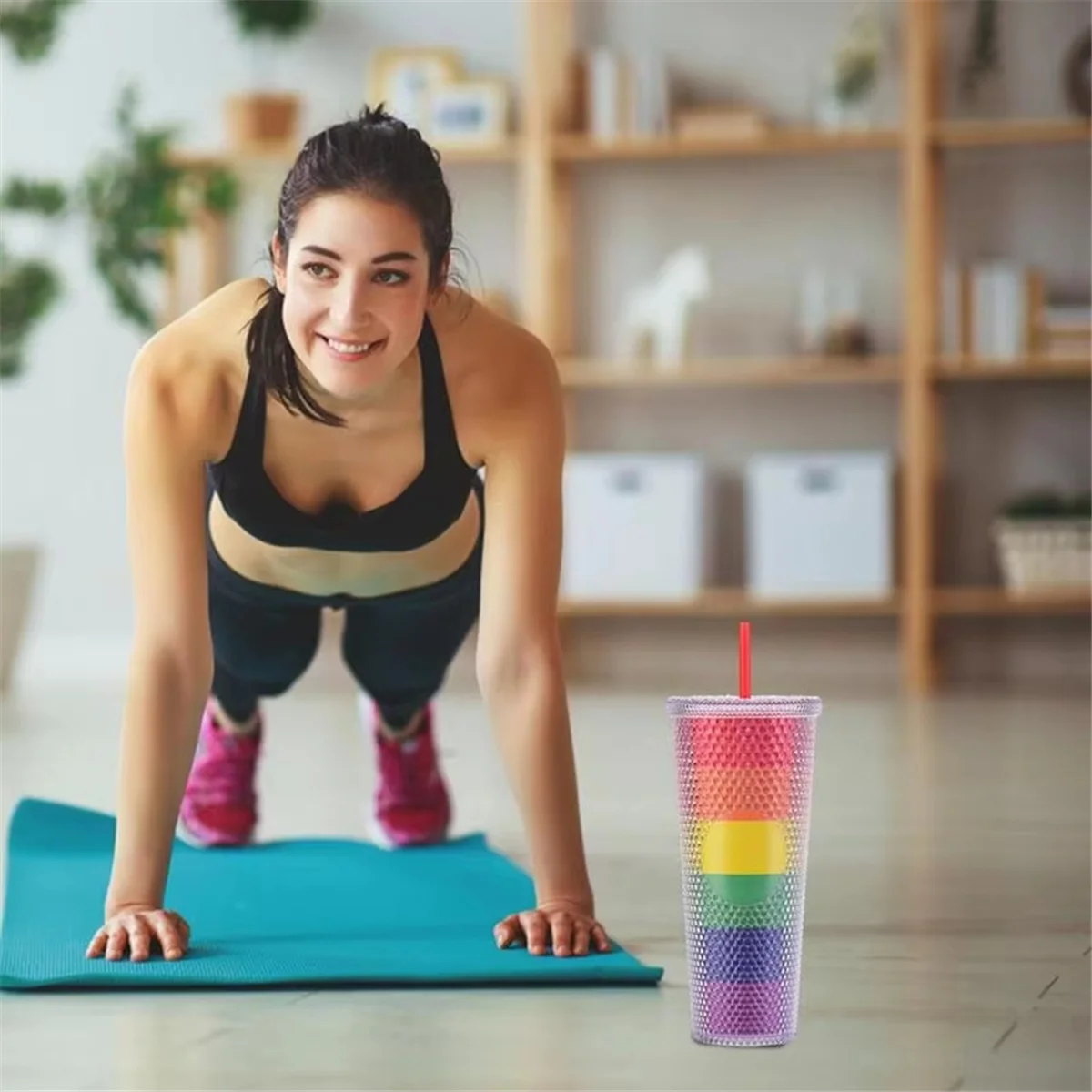 Y31A Tumbler with Removable Straw 24oz Rainbow Color Double Wall Straw Tumbler Wide Mouth Leak Proof Bottle for Outdoor Sport