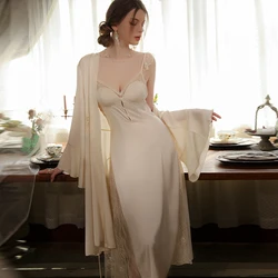 REBEYULI Brand Summer Dress for Women Nightwear Deep V Elegant Nightgown with Chest Pad Satin Patch Lace Robe Gown Set Sleerwear