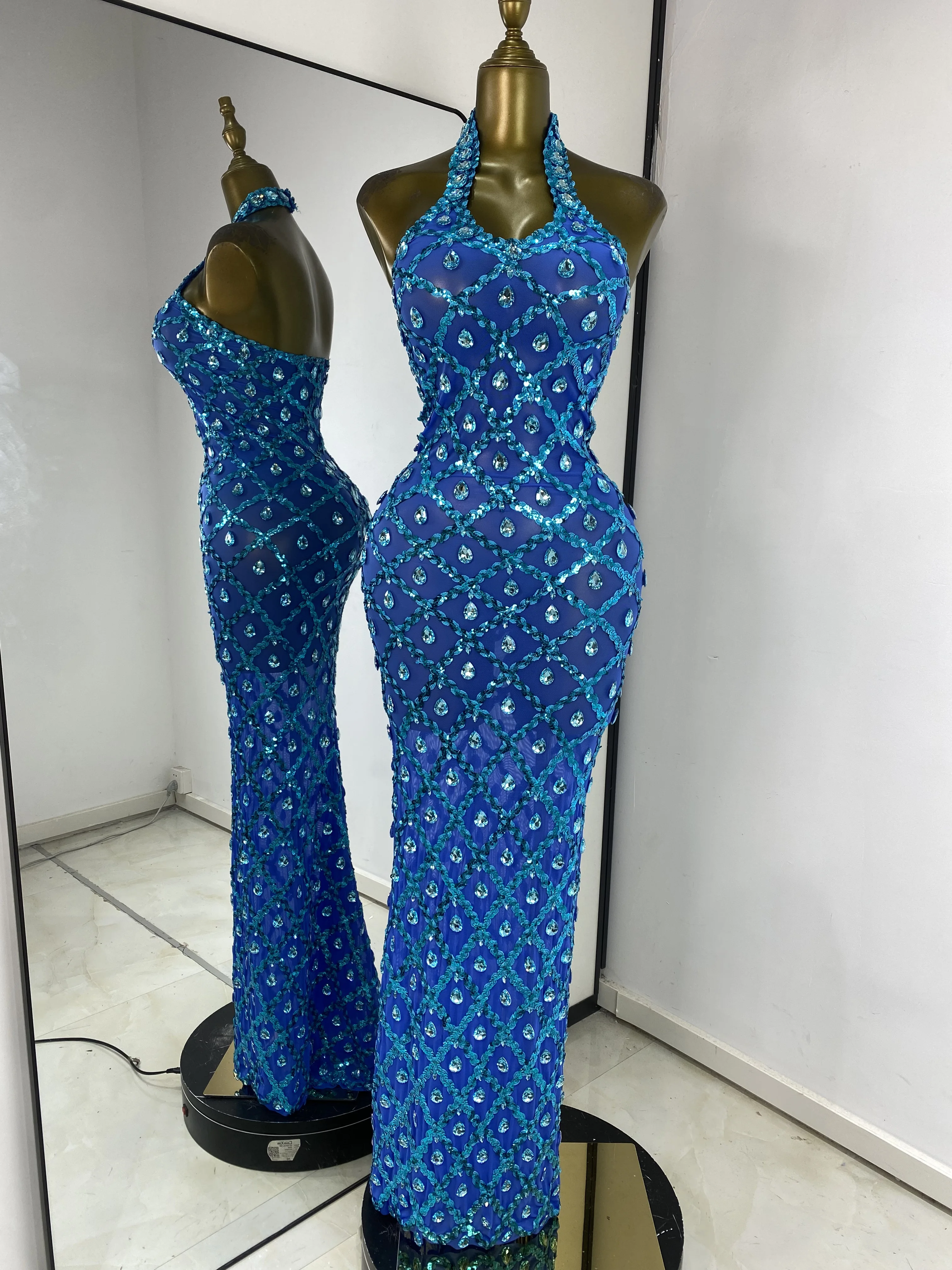 Luxus-Abschlussballkleider für Damen, blau, glitzernde Strasssteine, Pailletten, Neckholder, rückenfrei, Maxi, lang, für Geburtstag, Abend, Club, Party