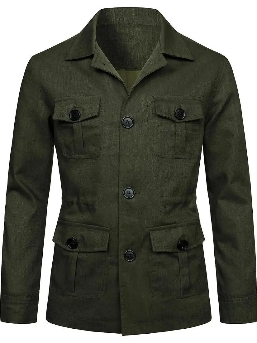 British Retro Slim Fit Workwear Jacket Casual Multi-Pocket  Color Men's Outerwear Comfortable Cotton Blend Long Sleeve