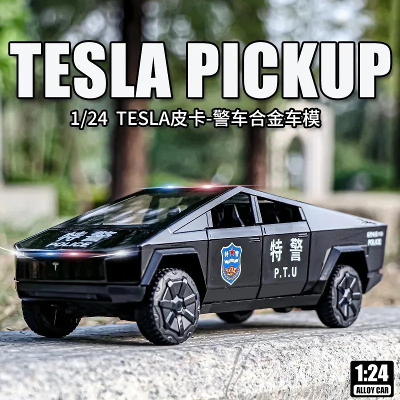 

1:24 Tesla pickup police car High Simulation Diecast Metal Alloy Model car Sound Light Pull Back Collection Kids Toy Gifts F545
