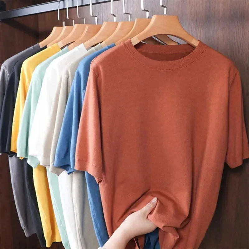 Superfine Merino Wool T Shirt Men's Knitted O-neck Short Sleeve Breathable Thin Cashmer Tee Solid Color Tops ropa de hombre