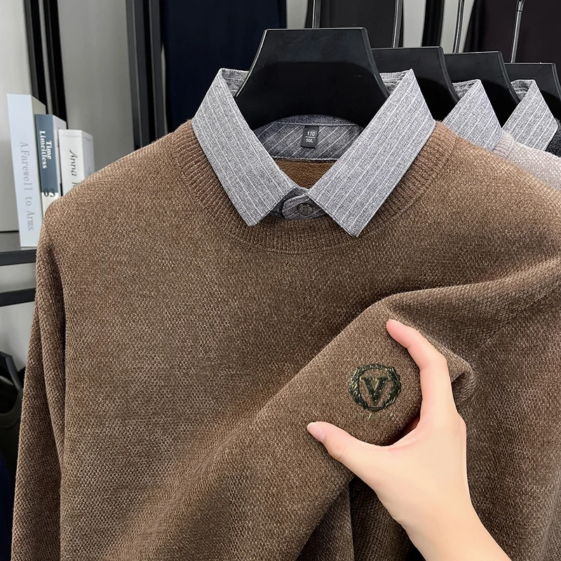 

Hot Sales New Arrival Men's Knit Sweater Shirt Collar Exquisite Print Thicken Pullover Business Fashion Warm Winter Men's Wear