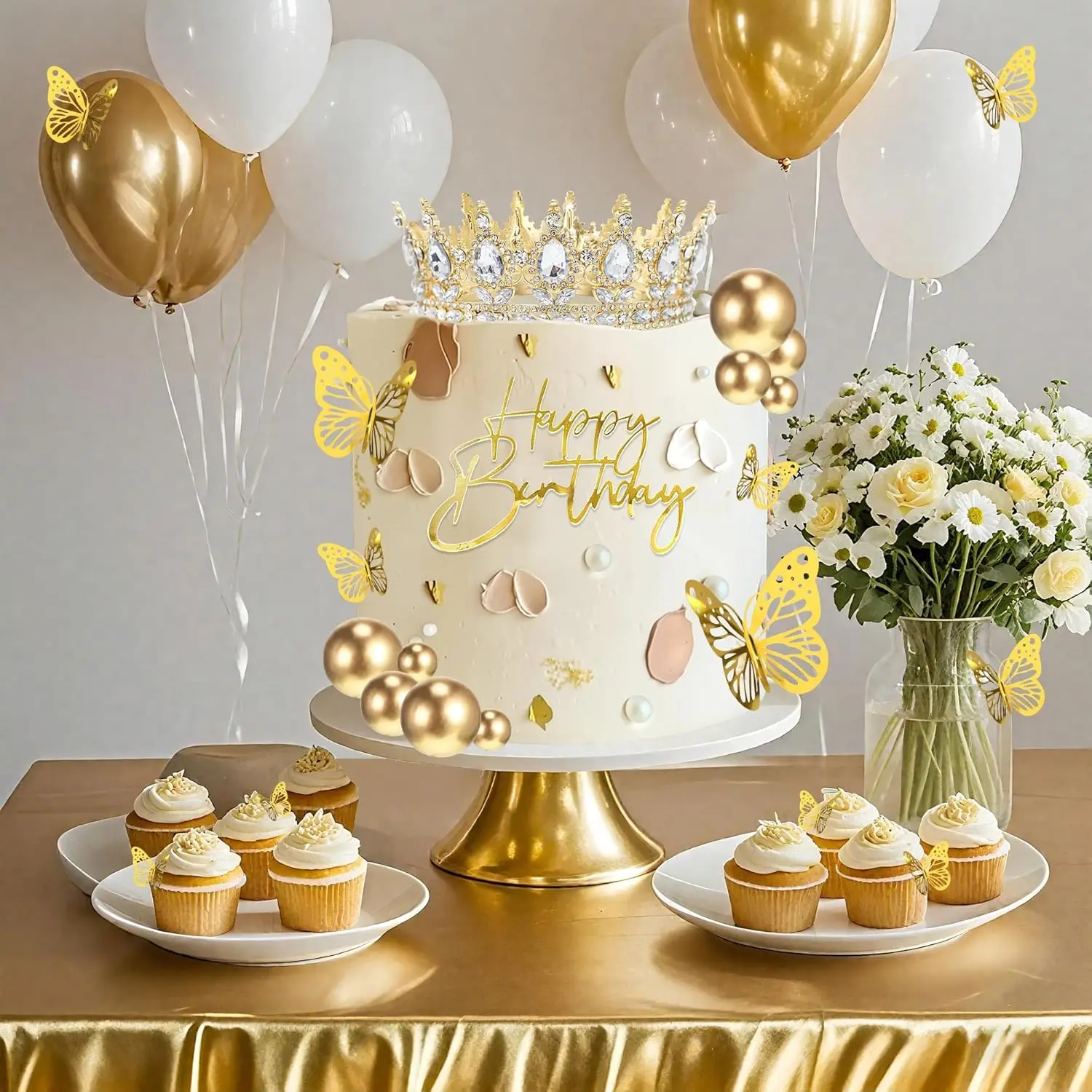 Kronen-Kuchenaufsatz, Kugeln, alles Gute zum Geburtstag, Kuchenaufsätze mit Kerzen, goldene Schmetterlinge, Kuchendekorationen für Hochzeit, Babyparty, Party – Detail 12
