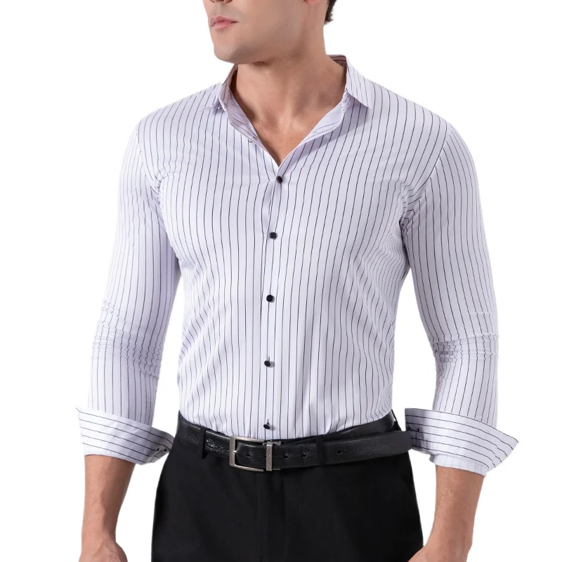 Retro Striped Wrinkle Free Stretch Dress Shirts Men 2026 Fashion Collared Long Sleeve Formal Office Business Casual Shirts Man