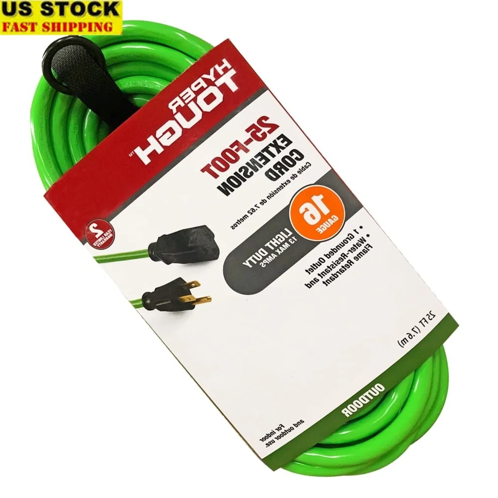

Hi-Vis зеленый, 25 футов, 16AWG, 3-контактный уличный удлинитель, 125 В, 13 А, заземленная розетка, прочный ремешок на липучке ETL