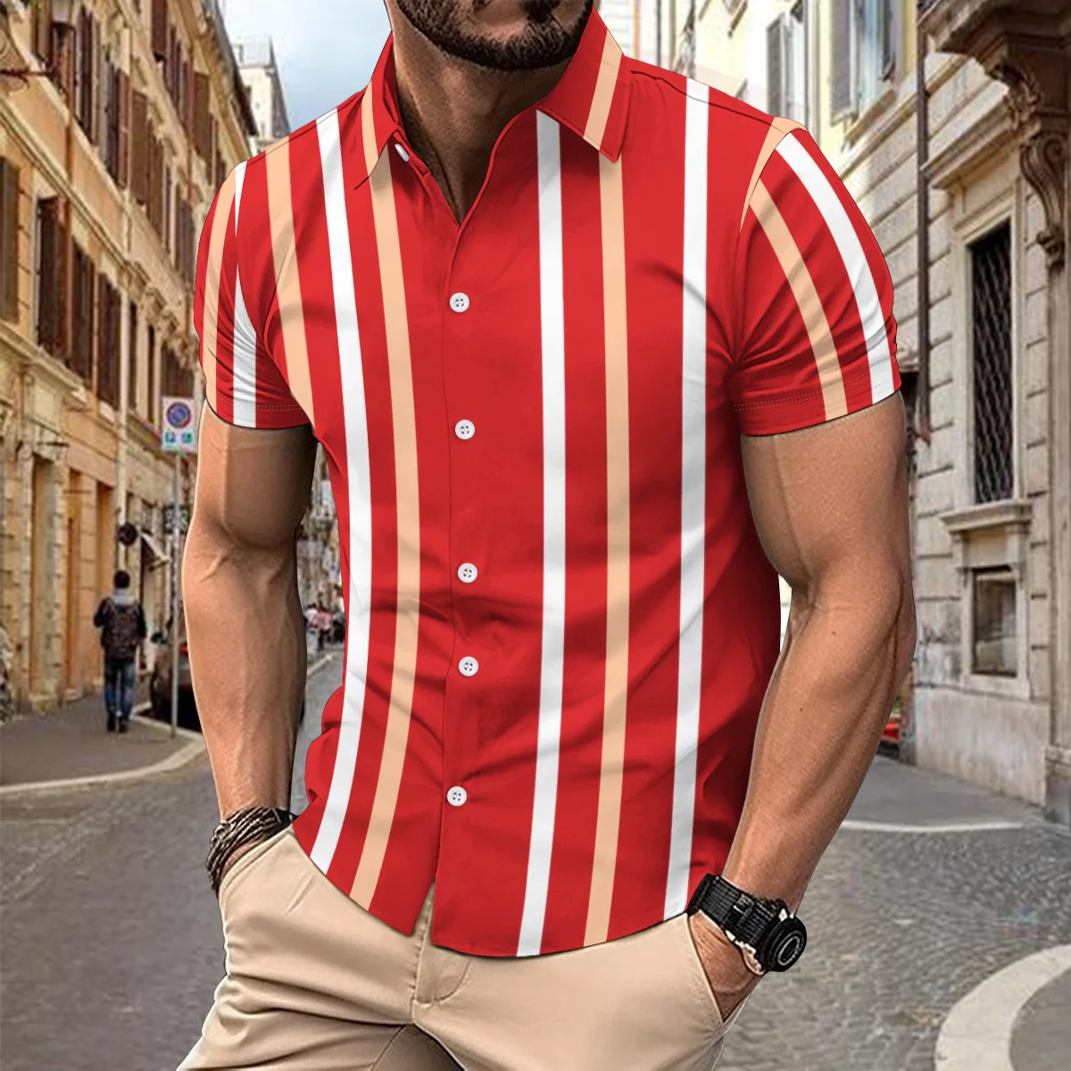 Outdoor Sport Casual Stijl Heren Zomer Gestreept Digitaal Print Lichtgewicht Ademend Losse Revers Shirt Met Korte Mouwen