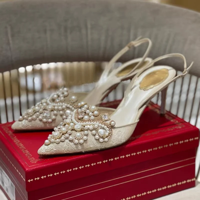 

Spring and summer new pointed pearl rhinestone mesh lace wedding shoes thin high-heeled banquet dress low-heeled women's sandals