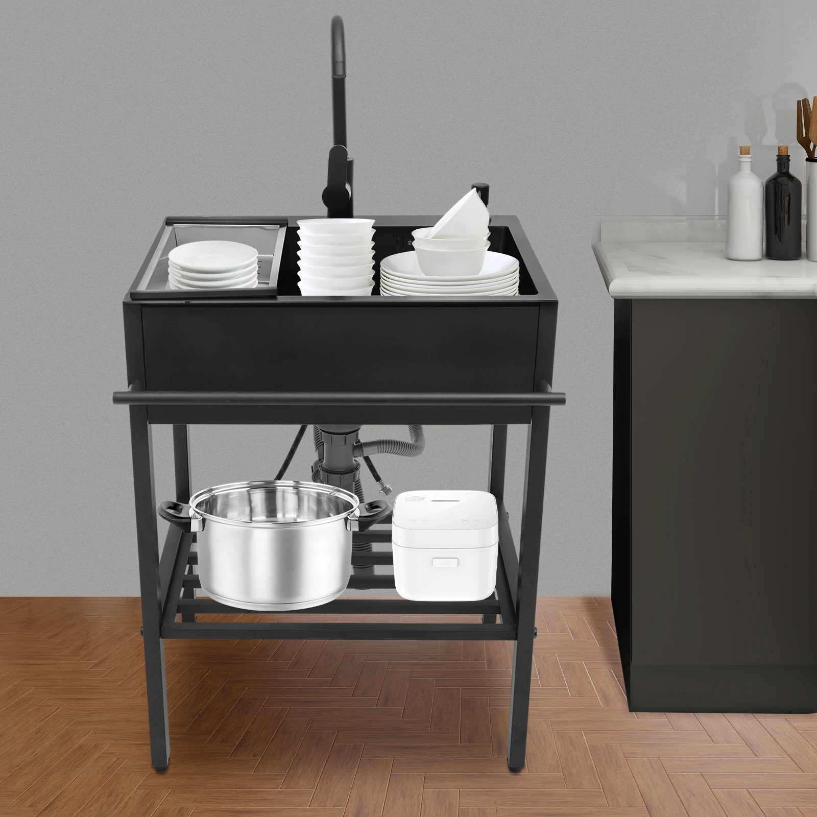 Modern Freestanding Rectangular 201 Stainless Steel Kitchen Sink Set Black 60x45x86cm with Accessories