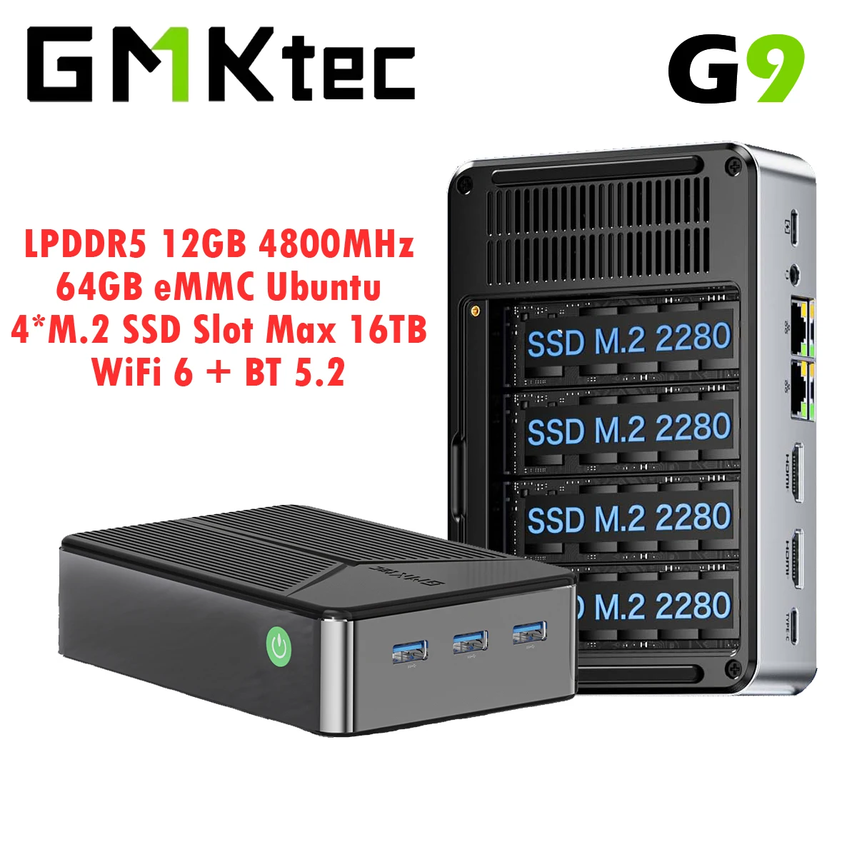 GMKtec G9 4 Bay كمبيوتر صغير Intel N150 LPDDR5 12GB 64GB eMMC Ubuntu SSD NVMe * 4 Win11 Pro WiFi6 BT5.2 كمبيوتر تخزين كبير لسطح المكتب