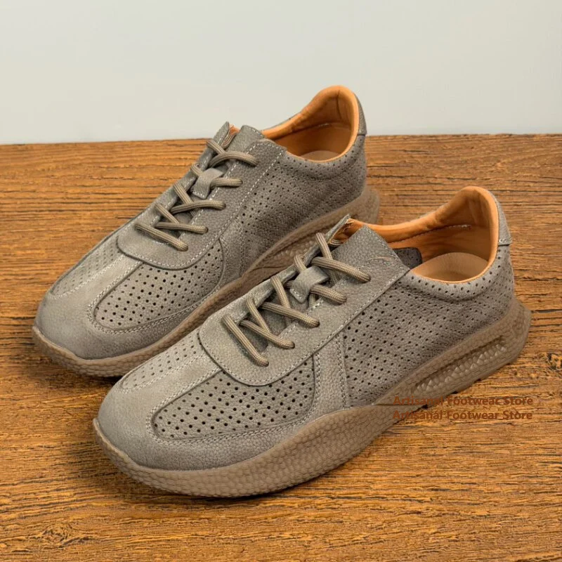 Men's Hollow Out Leather Sneakers Breathable Lace-Up Round Toe Chunky Rubber Sole Casual Shoes Vintage Lightweight Casual Shoes