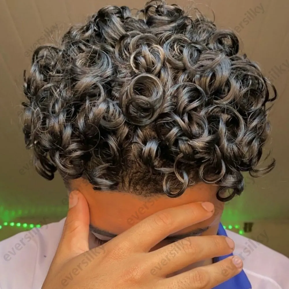 Herren-Toupet aus Echthaar, 20 mm, lockig, dünne PU-Haut, männliche Haarprothese, indisches Remy-Haarsystem, natürlicher Haaransatz, Herrenperücke – Detail 5