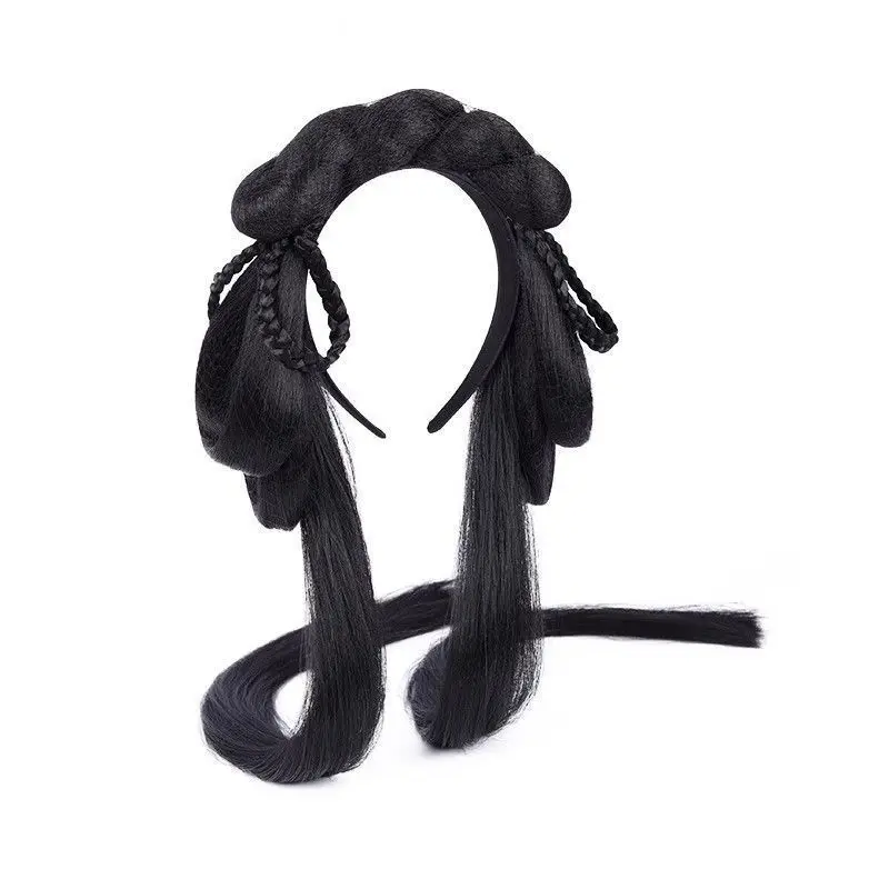 Tang-dynastie haarbumpset: alles-in-één hoornbroodje + volledige pruikdop voor Hanfu oude Chinese voorgevormde ossenhoornvulling + hoofdband