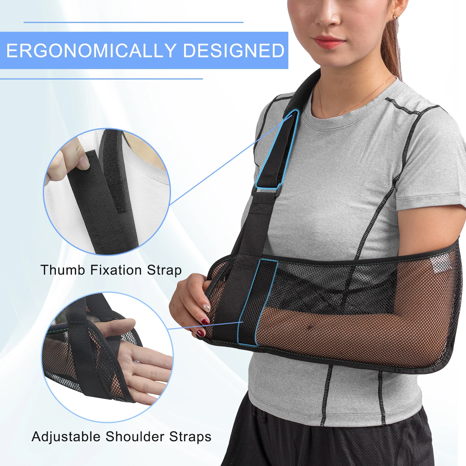 Cool Mesh Arm Sling for Shower, Medical Arm Brace Thumb Support Shoulder Immobilizer for Torn Rotator Cuff Injury for Left&Right