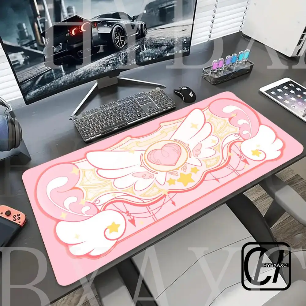 

HYBXAXC Pink Cute Star Wings Mouse Pad Large Gaming Stitched Edges Non-Slip Rubber Base Extended Keyboard Mousepads Long DeskMat