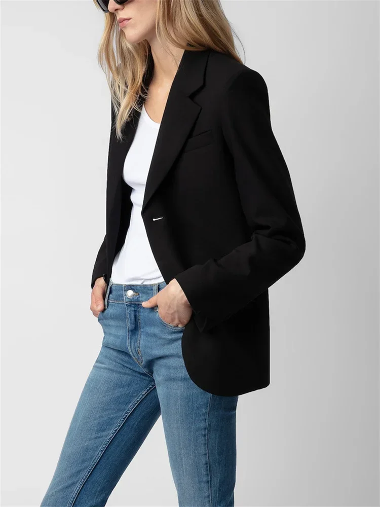 

Spring 2025 Women's Black Suit Jacket Back Hot Rhinestone Decoration Single Breasted Long Sleeve Fashion Female Blazer
