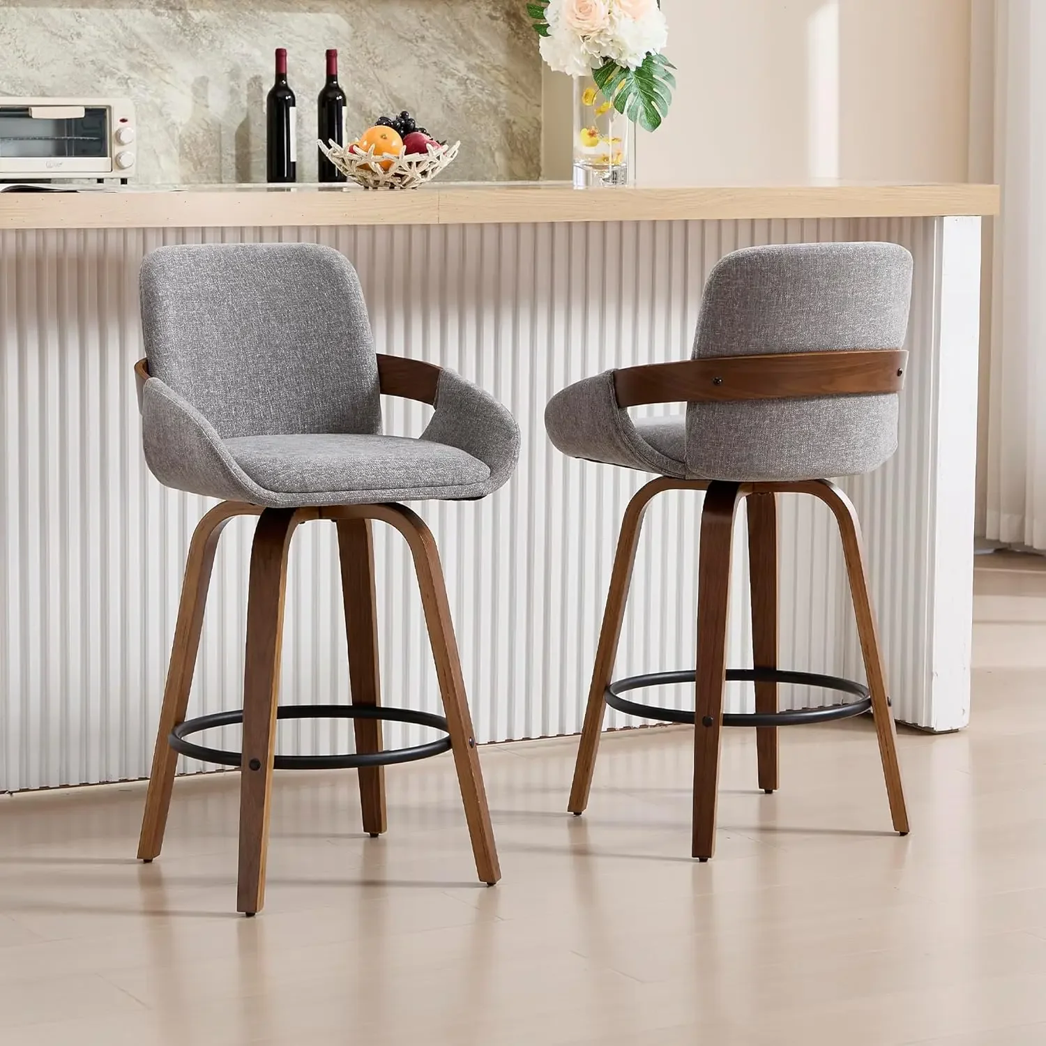 Swivel Bar Stool Set of 2, Fabric High Back Counter Stools with Armrests, 360° Swivel, Walnut Finish - Light Grey