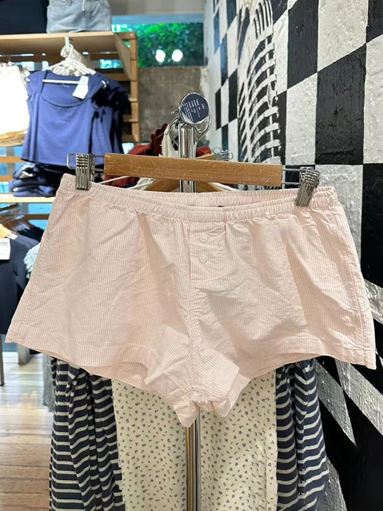 Pink Striped Sweet Shorts Women Summer Buttons High Waist Cotton Loose Straight Short Pants Vintage Streetwear Casual Underwear