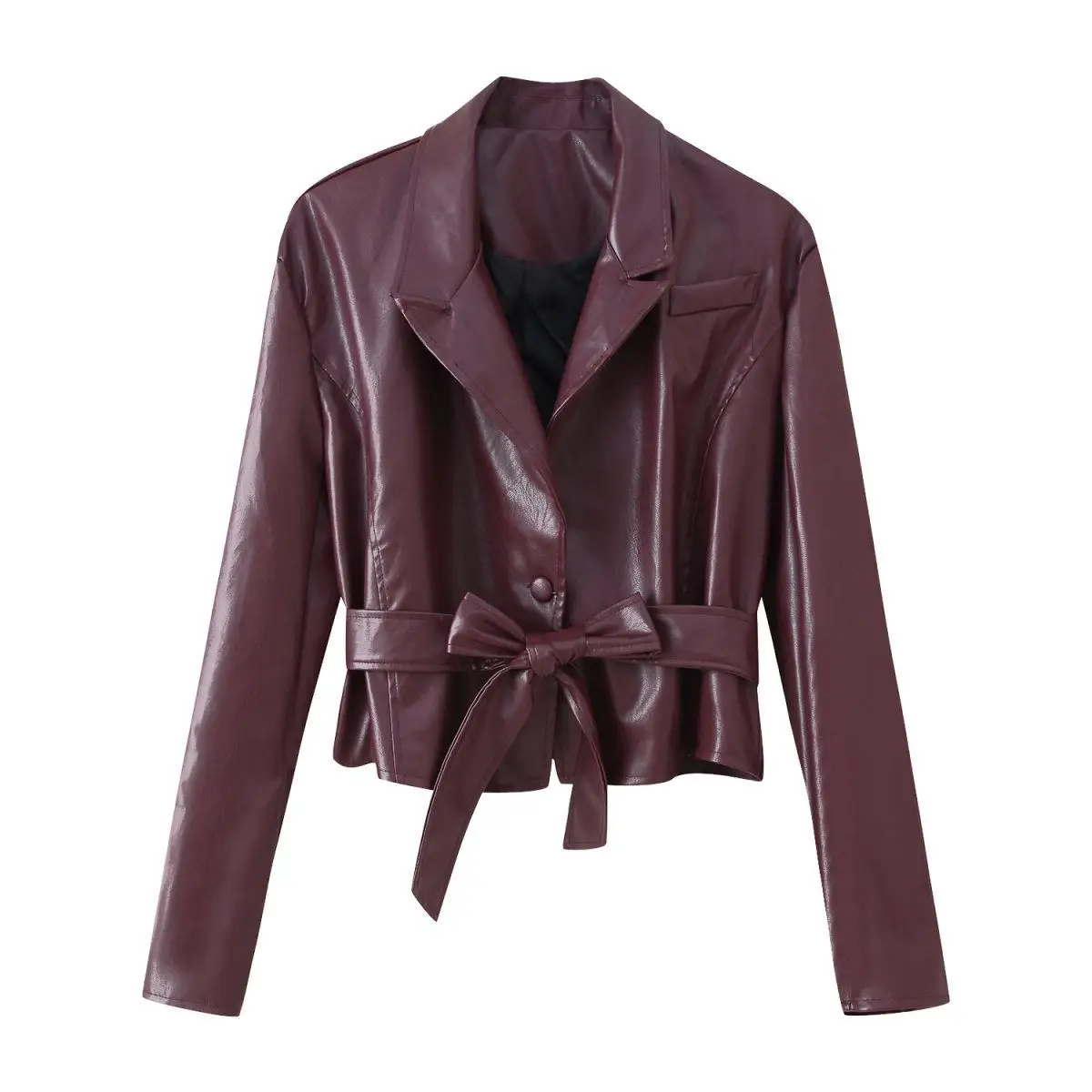 

Retro Fashioned Leather Jacket Coat Women's Long Sleeve Turn-down Collar Cross-Border Style Elegant Worn-out Simulated Leather