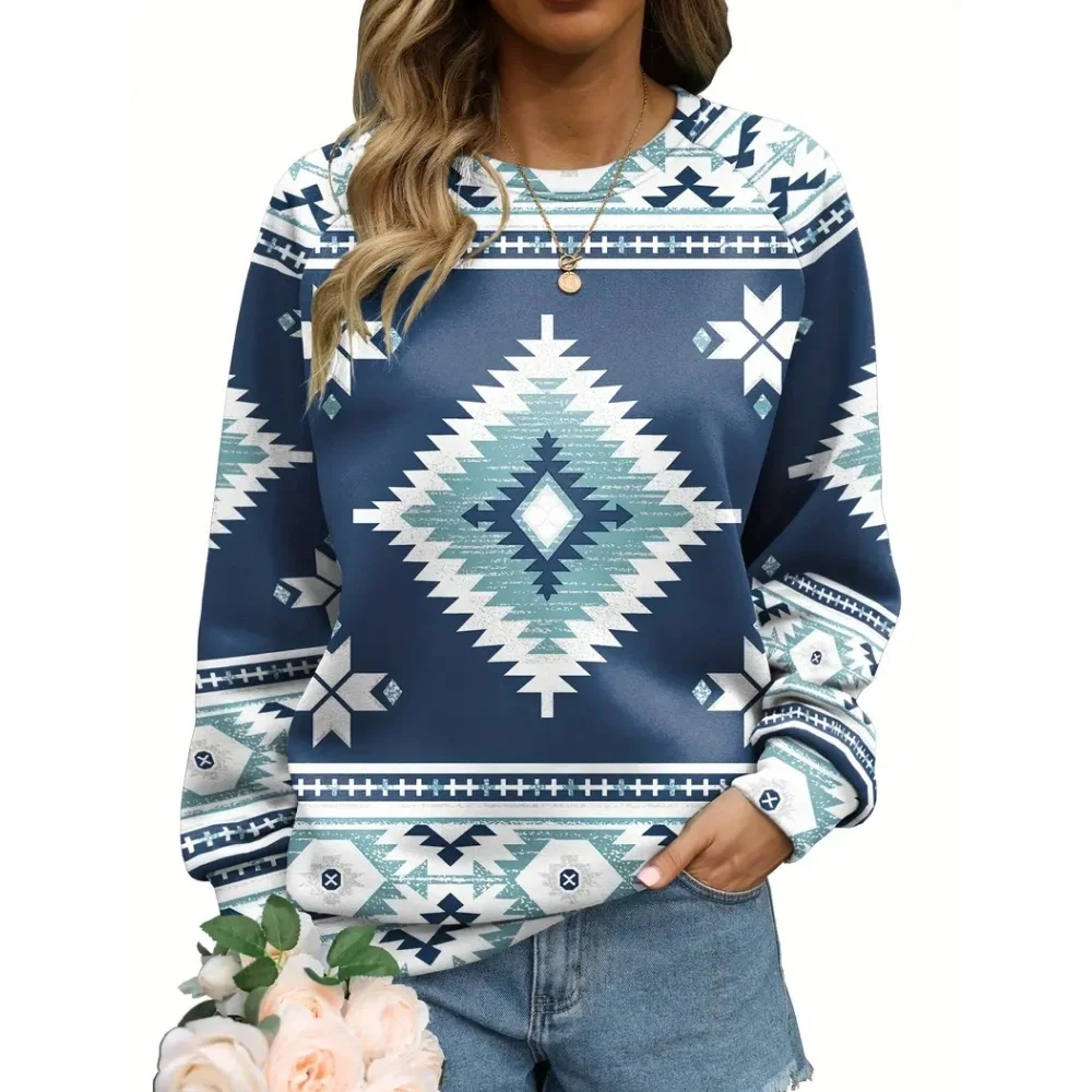 Bohemian Women\'s Autumn And Winter Round Neck Long Sleeved Fashions Retro Color Blocked Printed Sweatshirt 2024 New Casual Top