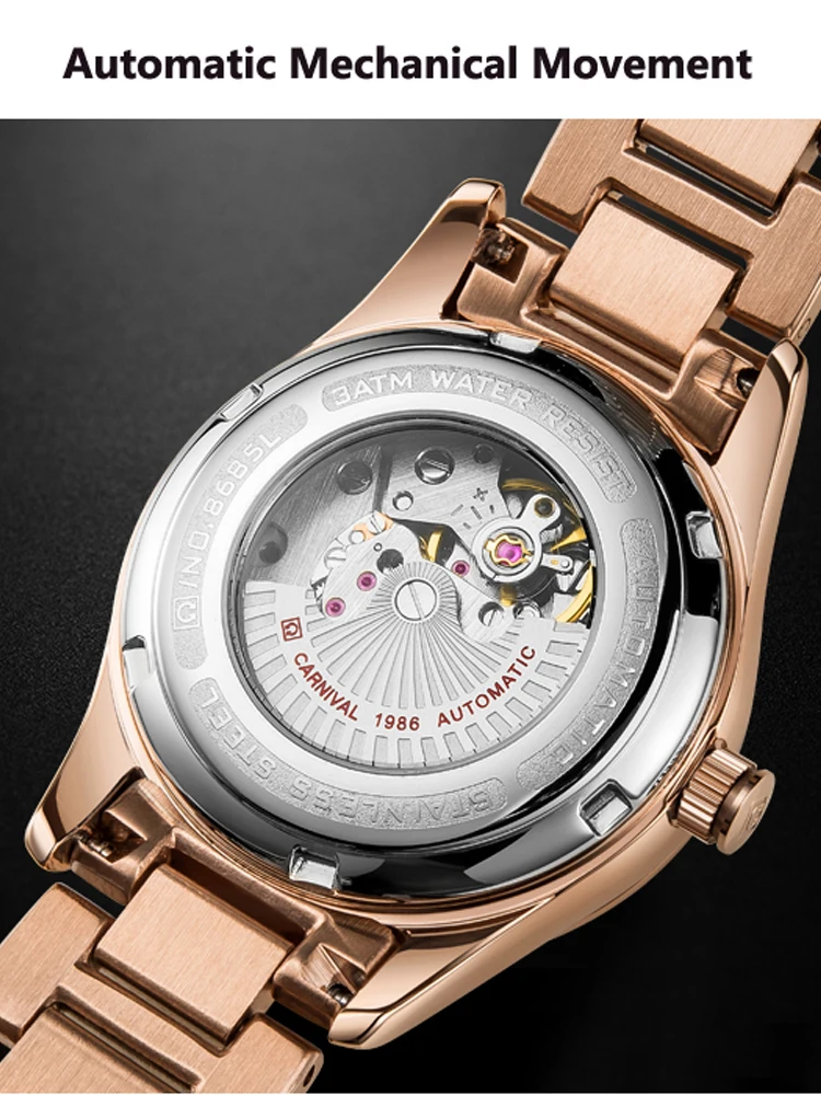 CARNIVAL Luxury Brand Starry Sky Automatic Mechanical Rose Gold Watches Women New Date Waterproof Ladies Watch Reloj Mujer