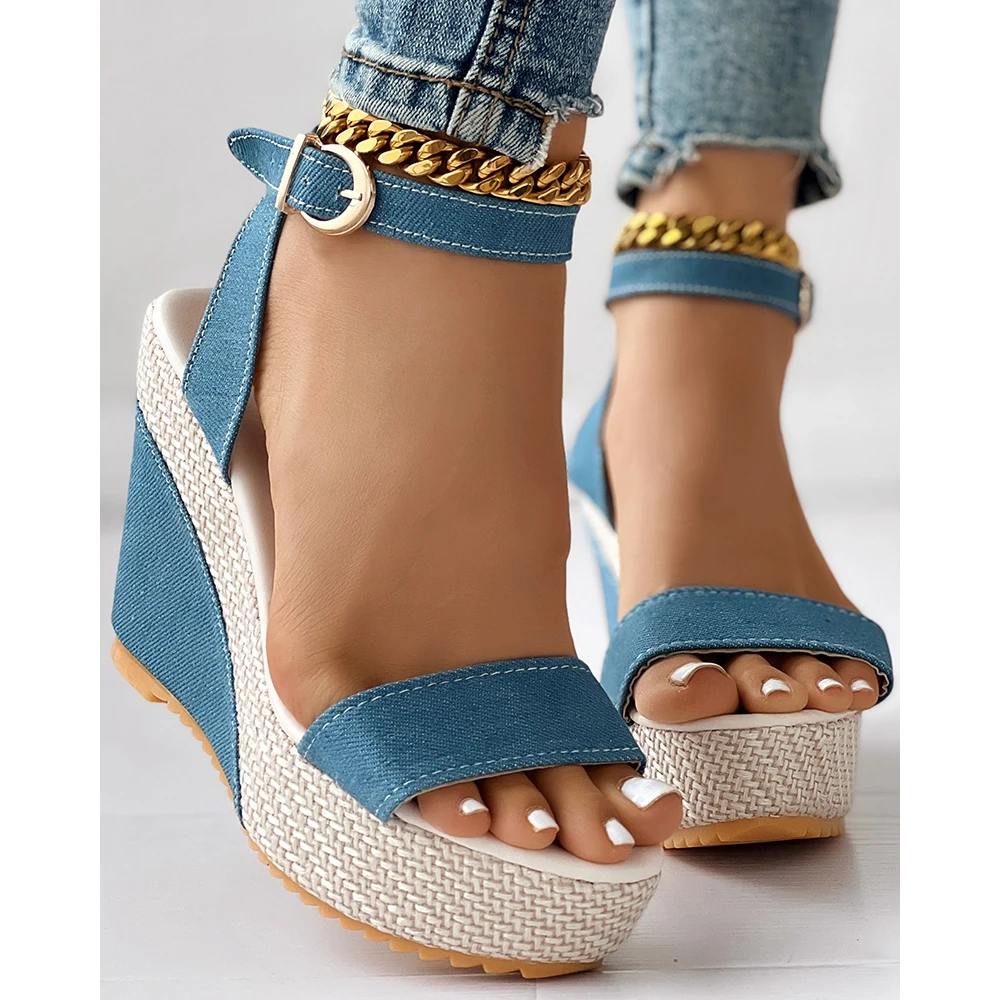 

Fashion Women Denim Platform Wedge Summer Lady Peep Toe Sandals Casual Streetwear Korean Style Ankle Strap High Heel Shoes