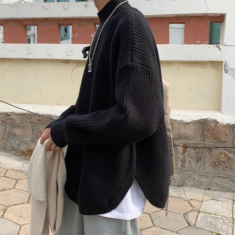 Side Slit  Knitted Turtleneck Vintage Fall Winter Long Sleeve Clothes Fashion Casual Harajuku Men Korean Pullovers High Quality