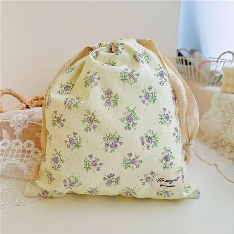 Small Floral Poplin Cotton Drawstring Storage Bag Reusable Cloth Gift Pouch Portable Bundle Pocket Cosmetic Sundries Packaging