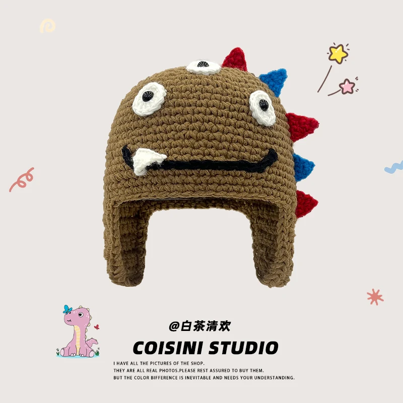 Cute Cartoon Little Dinosaur Design Knitted Beanies Cap Autumn and Winter Warm Personality Versatile Funny Ear Protection Hats