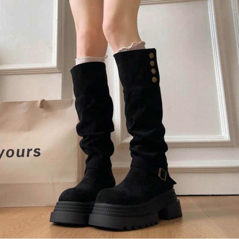 

Winter Platform Thick Sole Women Knight High Boots Concise Slip On Shoes Female Punk Vintage Long Booties Zapatos De Muje