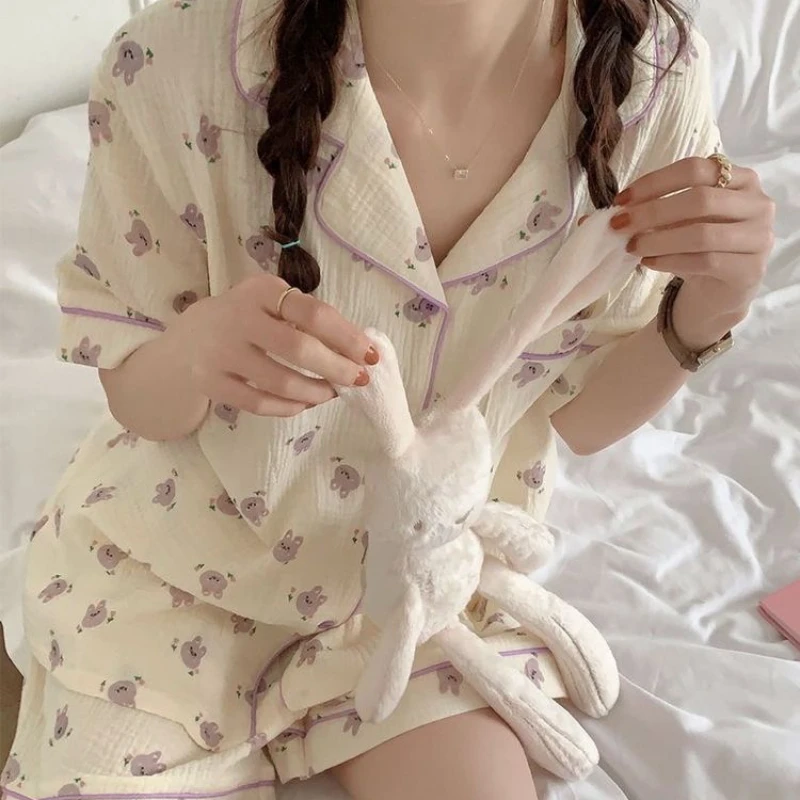 

Summer Women's Short-sleeved Shorts Pajama Suit Lapel Cotton Shirt Cute Bunny Print Can Be Worn Outside 2024 Hot Sale