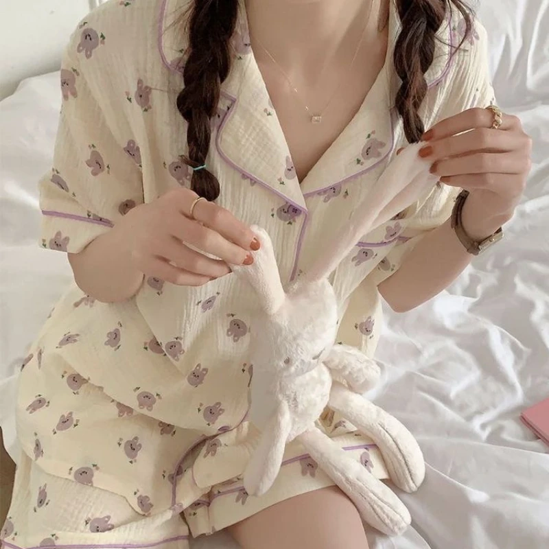 Summer Women's Short-sleeved Shorts Pajama Suit Lapel Cotton Shirt Cute Bunny Print Can Be Worn Outside 2024 Hot Sale