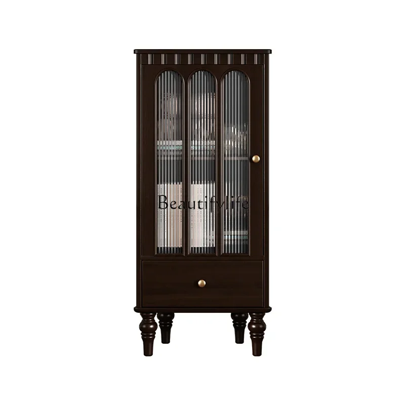 

04French pure solid wood glass door TV side cabinet small apartment living room retro storage wine cabinet