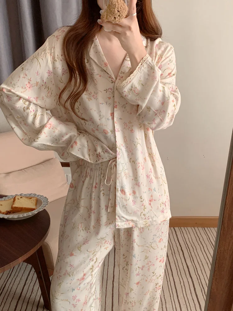 Sweet Print Flowers Korean Style Soft Floral Autumn Long Sleeve Pajama Set Women Loose Elegant Casual Comfortable Sleepwear Ins