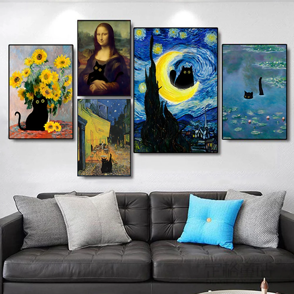 Funny Van Gogh the Starry Night Cat Canvas Wall Art Famous Oil Painting Black Poster Floral Colorful Abstract Gallery Room Decor