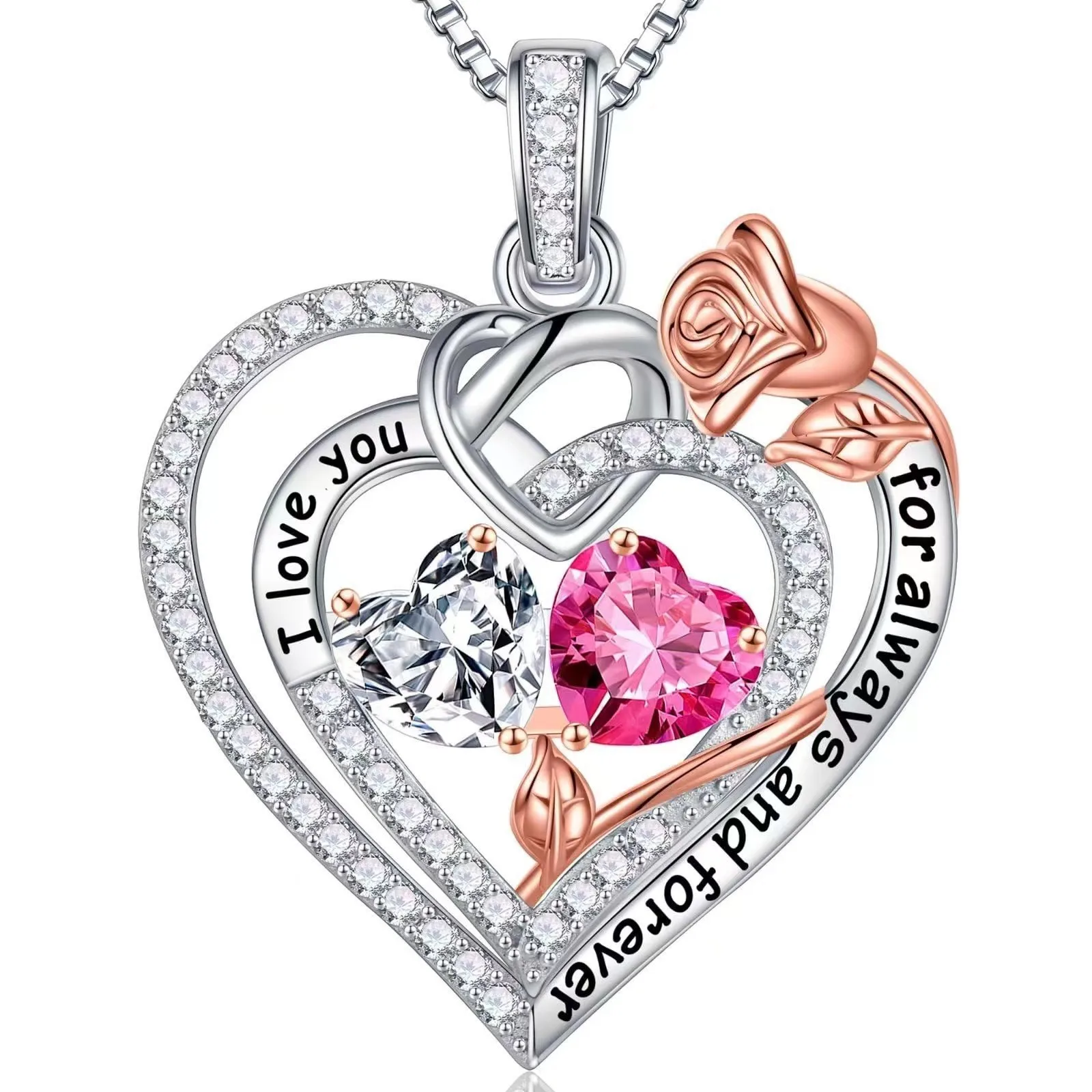 Valentine's Day Gift Set Rose Matching Color Double Gem Love Pendant Fashion Women's Necklace Rose Jewelry Box Gift Set