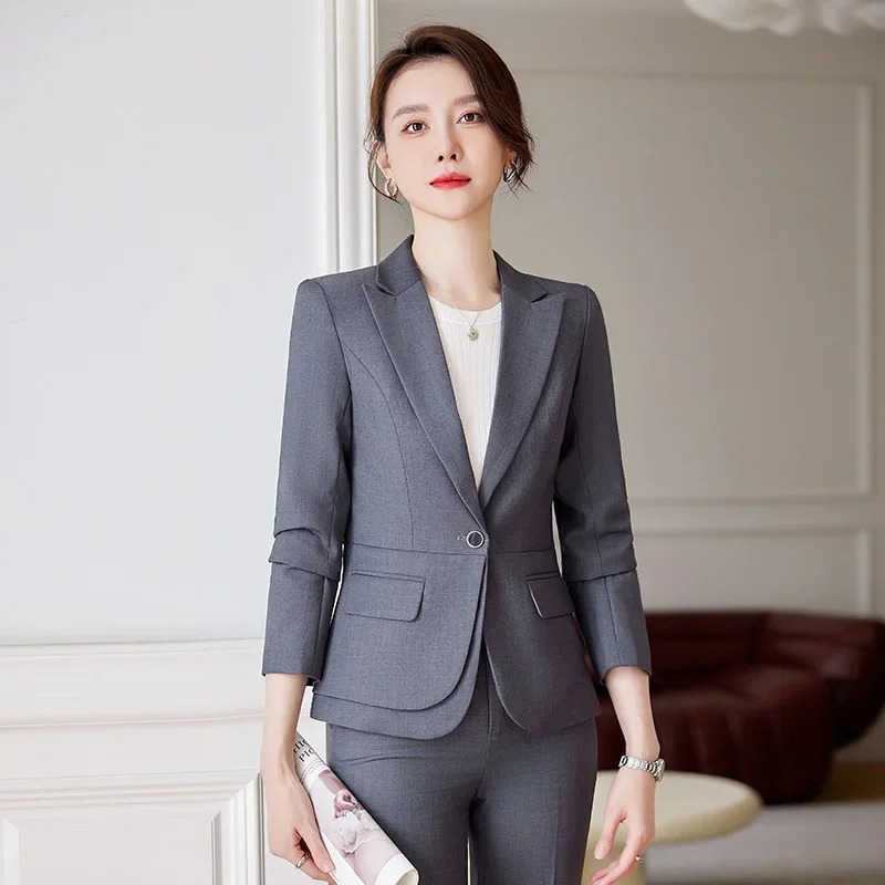 

Insozkdg Autumn Retro Casual Irregular Hem Blazer Straight Pant Set Commuter Solid Color Cinched Waist Suit Trouser 2-piece Set