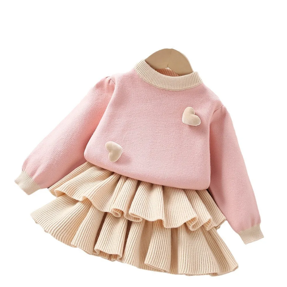 Girls Knitted Clothing Sets Spring Autumn Children Woolen Jersey Sweaters Tops Skirts 2pcs Party Suit For Baby Outfits Kids 5 6Y