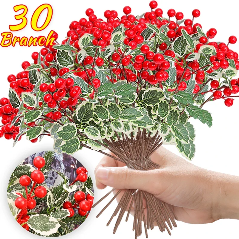 New Articifial Red Berry Branch Christmas Fake Holly Leaves Flower Xmas New Year Party Home Decoration DIY Packaging Gift Crafts