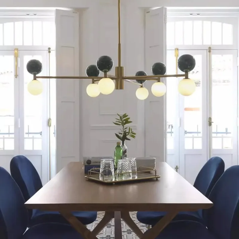 Nordic Style Modern All Copper Marble LED Minimalist Bedroom Living Room Dining Room Bar Decoration Personalized Pendant Light