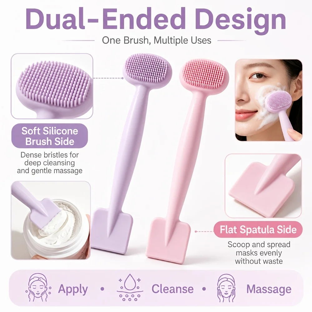 2Pcs Dual-Head Silicone Face Mask Brush Set, TPR Soft Bristle Facial Cleansing Massager, Mask Spatula, Reusable Random Color