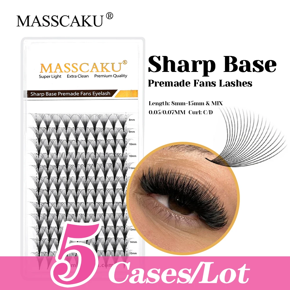 

5cases/lot MASSCAKU 12 Lines 0.05/0.07mm Thickness Soft 20D Narrow Root Thin Stem Lashes Sharp Base Premade Fans Eyelash Bundles