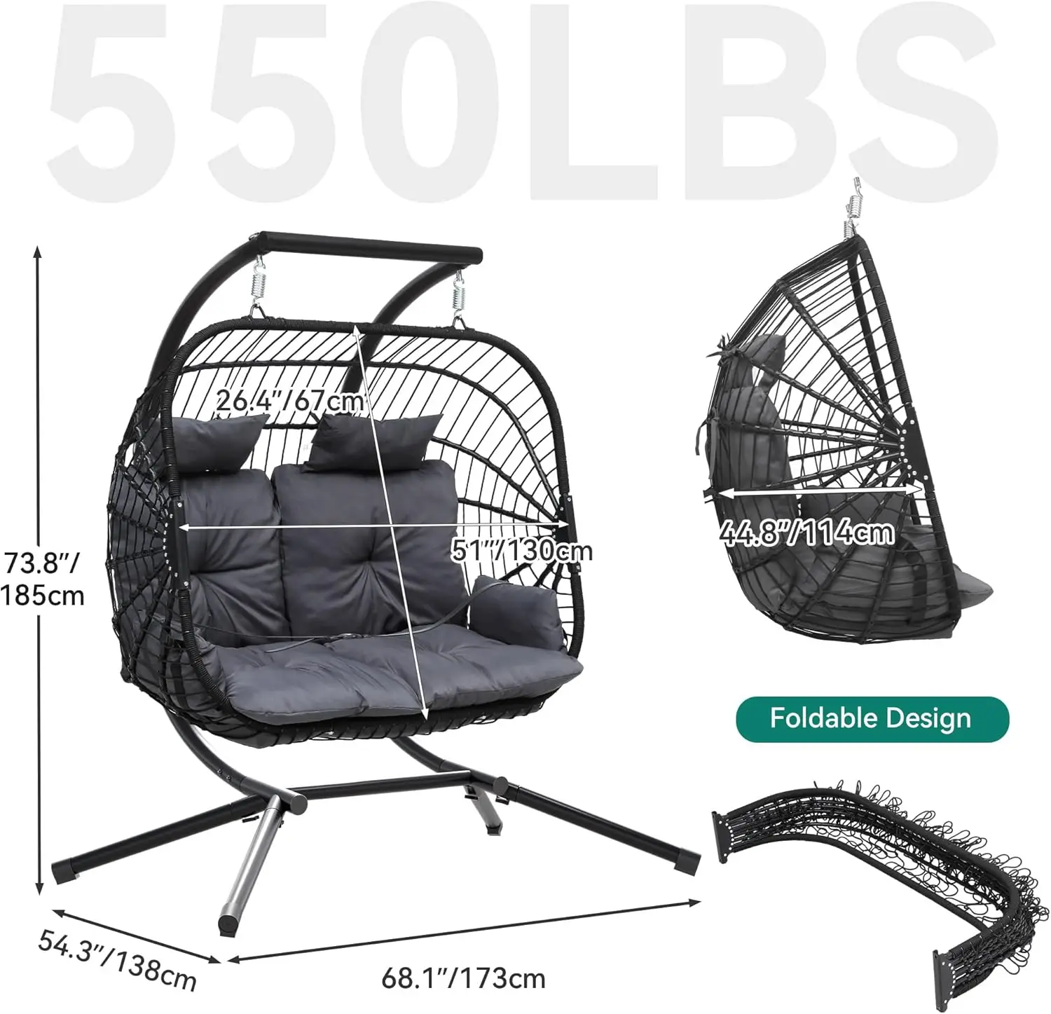 Hanging Egg Swing Chair with Stand Egg Chair Wicker Indoor Outdoor Hammock Egg Chair with Cushions 550lbs for Patio, Bedroom, Ga