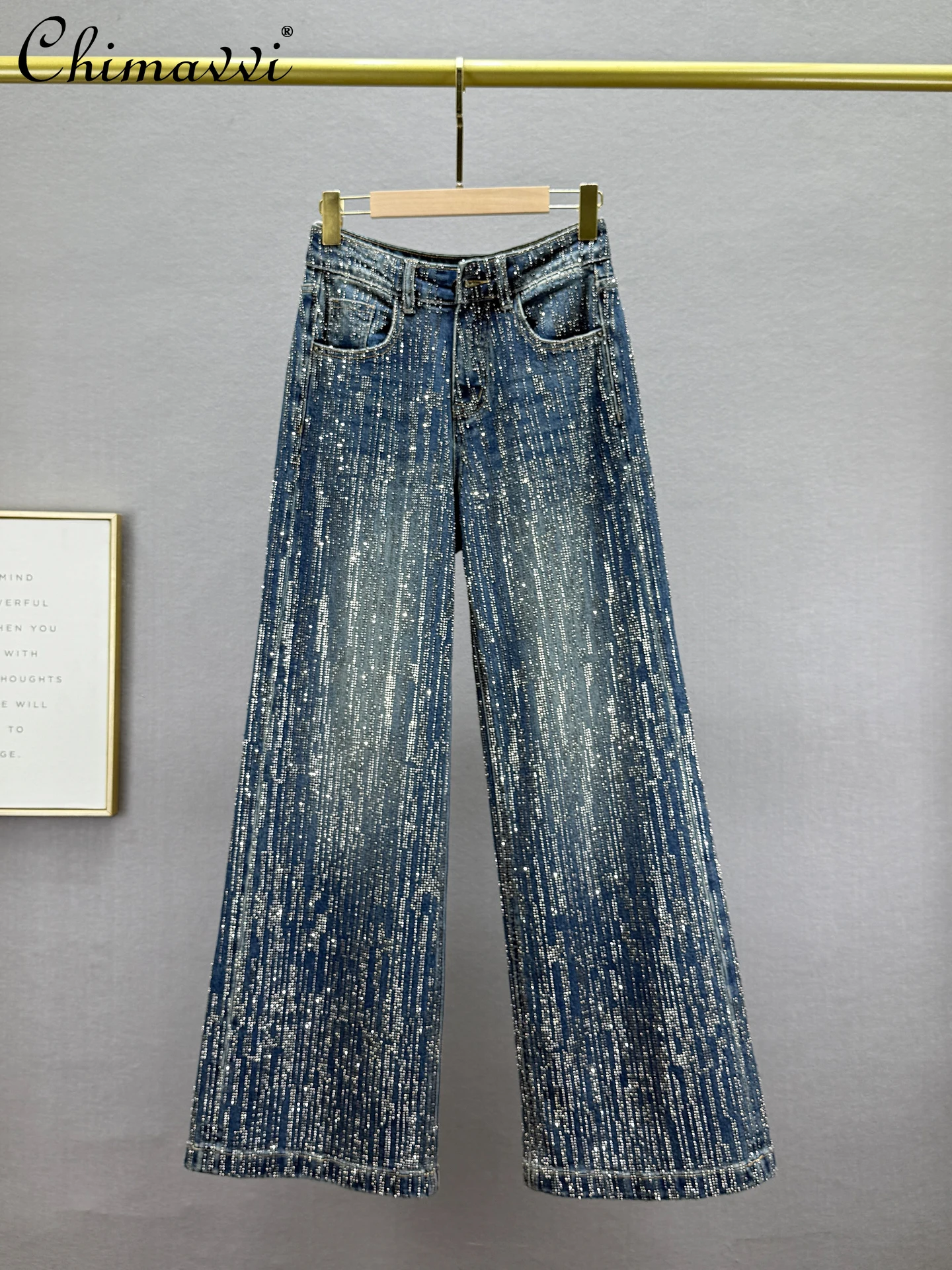 헤비 풀 라인스톤 청바지 여성 와이드 팬츠 2025 가을 신상 하이웨이스트 루즈 슬림 유럽 스타일 롱 팬츠