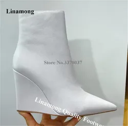 Linamong White Black Matte Leather Short Wedge Boots Elegant Pointed Toe Wedges Party Dress Heels Big Size Ankel Booties