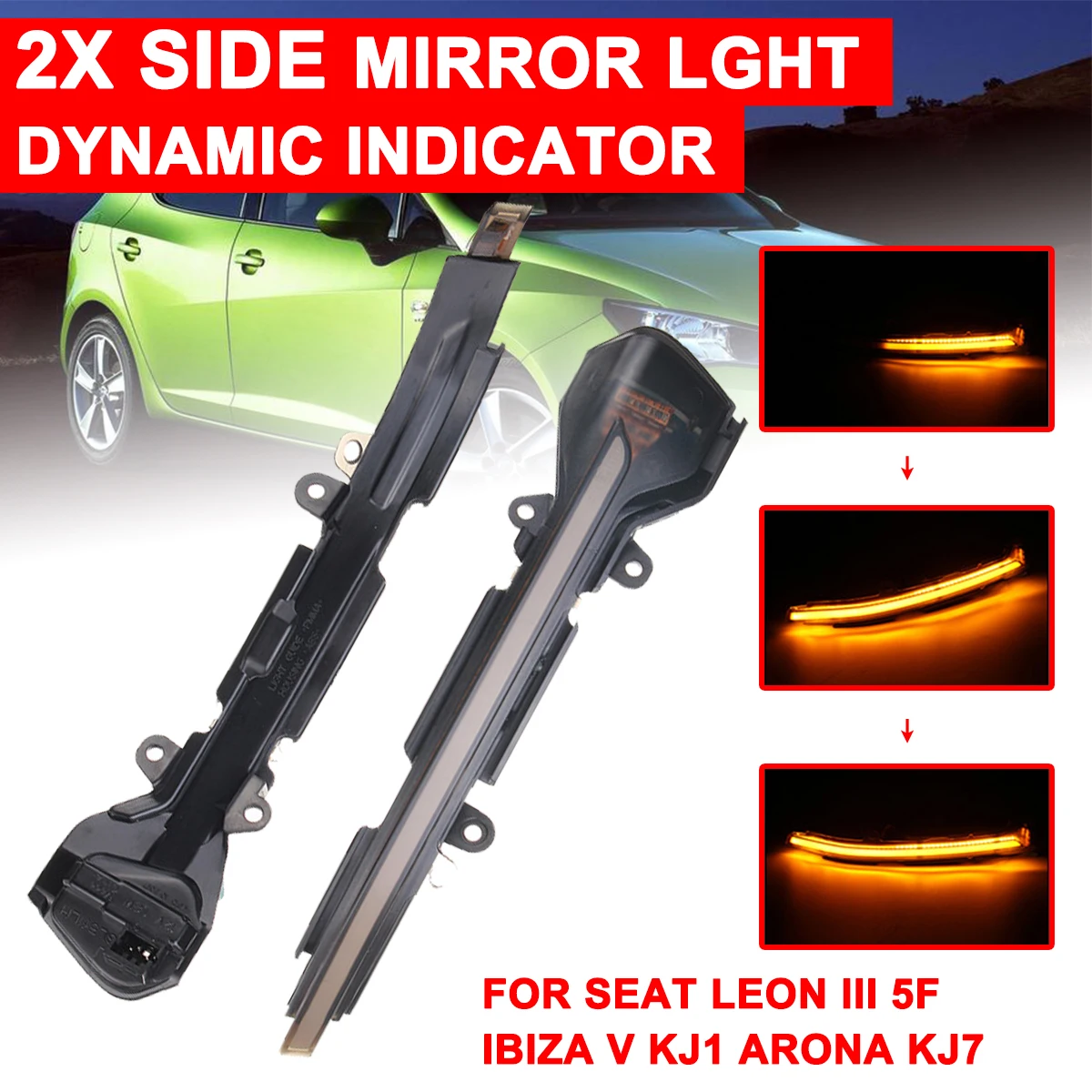 

1 Pair Highlight LED Car Dynamic Turn Light Rearview Mirror Signal Lamp Yellow for Volkswagen for VW SEAT LEON 3 5F,IBIZA,ARONA