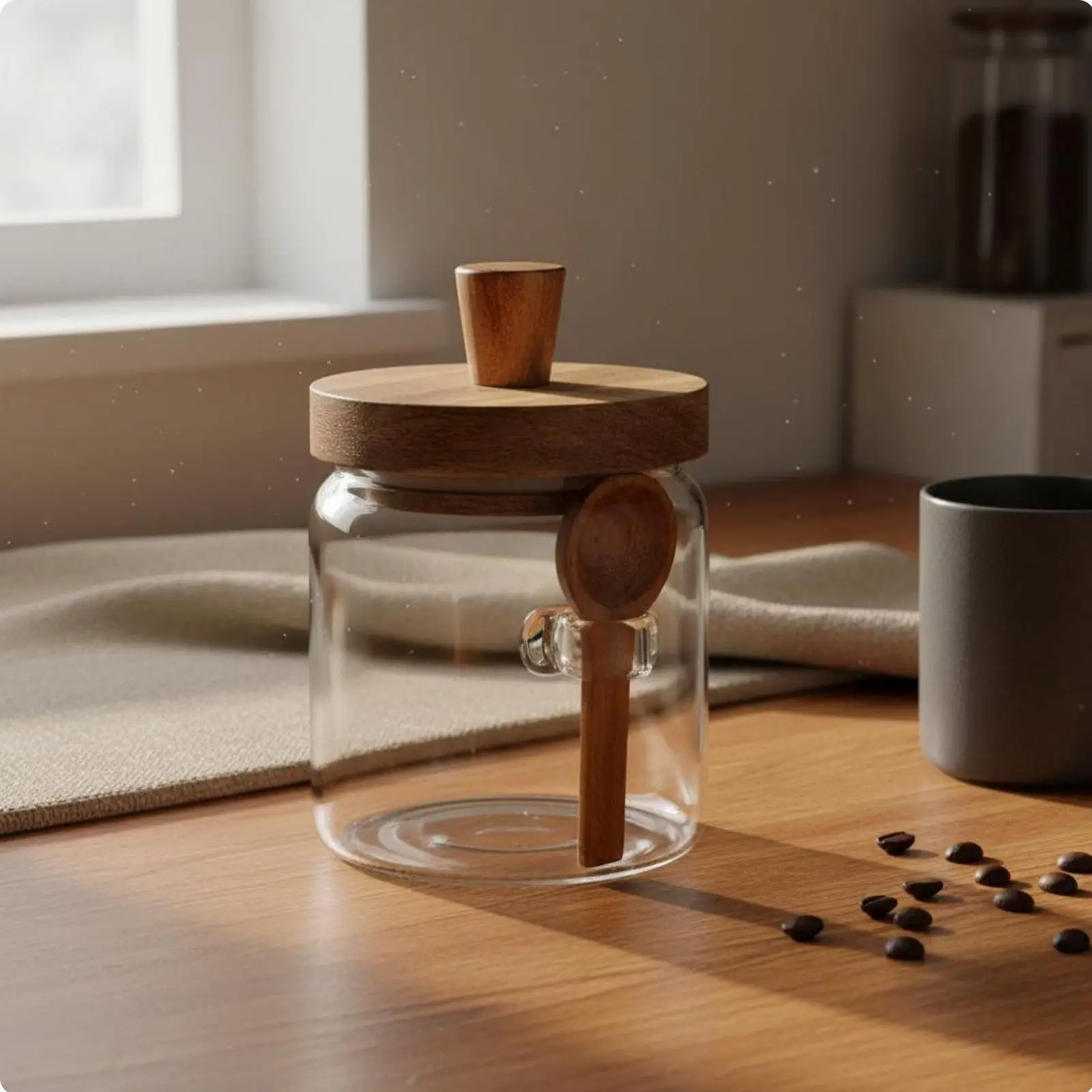 Wooden Lid Glass Jar Wide Opening Glass Jar Wooden Lid Spoon Easy to Clean Food Canister with Measuring Spoon