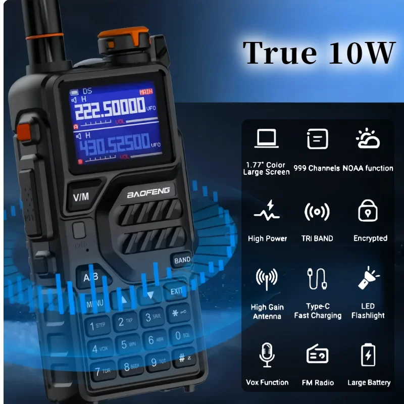 Walkie-talkie de alta capacidad, 10W, AM, FM, UHF, VHF, banda completa, 999CH, copia de frecuencia, NOAA radio bidireccional, 1 unidad