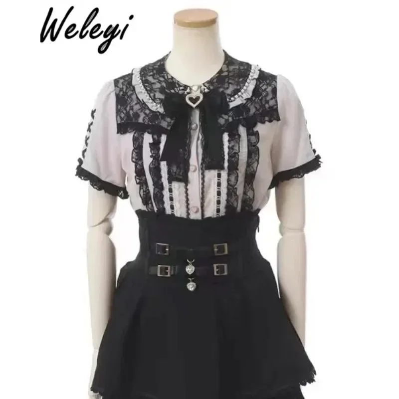 Camicia Jirai Kei Kawaii da donna top 2024 Summer Streetwear Sweet All Matching Mine maniche staccabili camicette Patchwork con fiocco in pizzo